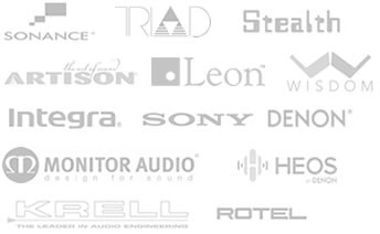 Audio brands: Sonance, Triad, Stealth, Artison, Leon, Wisdom, Integra, Sony, Denon, Monitor Audio, Heos Denone, Krell, and Rotel